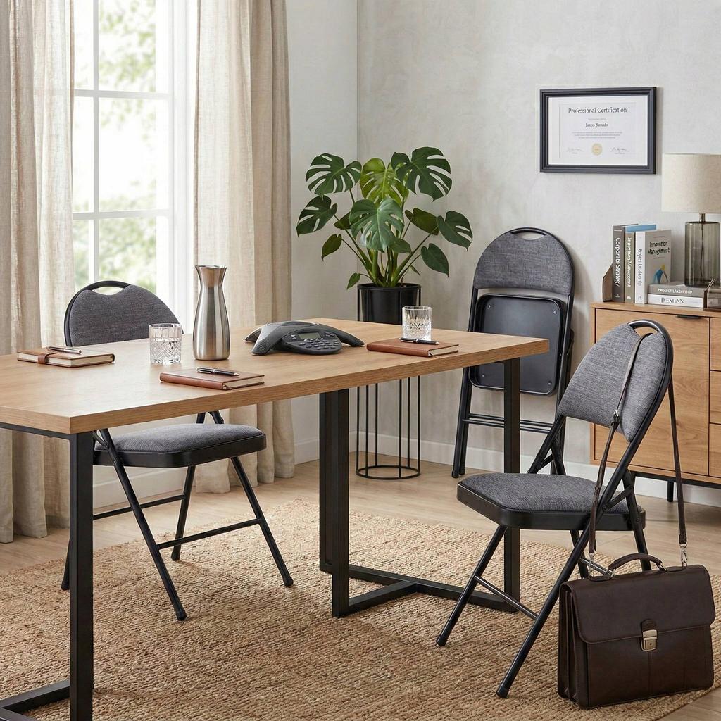 Gray metal upholstered folding chair with handle for office and home