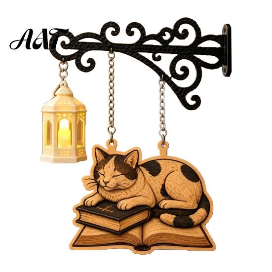 Cozy Night Light for Study Vintage Bookshelf with Cat Sleeping on Book Design, Retro Lantern Decorative Bookcase Lighting Lamp Reading, LED