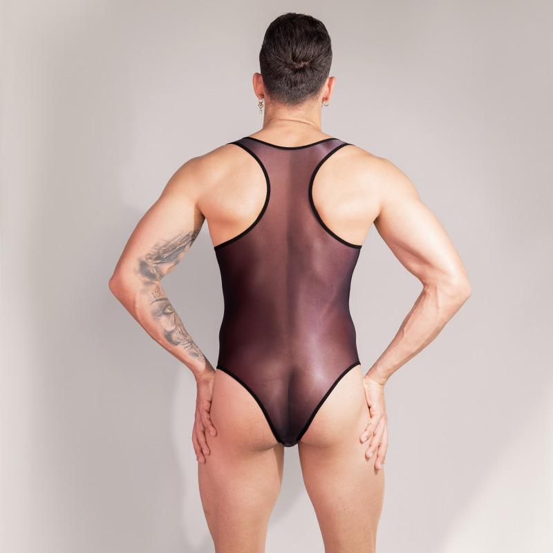 Sexy Bodysuit Oil Glossy Sheer Bodysuit Men Sleeveless See Through Jumpsuit Playsuit Male Undershirt Adult XXX Sex Porno Costume