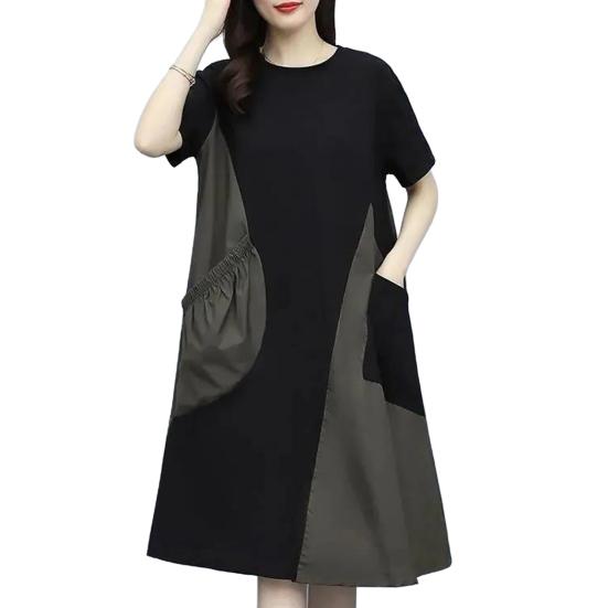 Женское платье миди с круглым вырезом и коротким рукавом, свободное летнее платье с карманами, цвет пэчворк, легкое повседневное платье