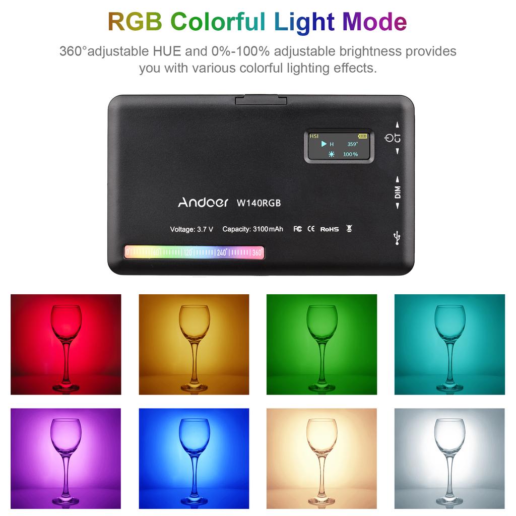 Andoer W140RGB Карманная клипса RGB для видеосъемки, заполняющая лампа для мобильного телефона, планшета, компьютера, видео