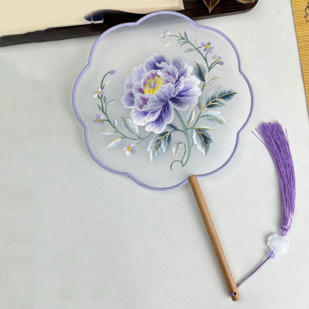 Long Handle Double Sided Embroidery Fan Semi-Transparent Vintage Hand Fan Flower Silk Fan Wedding