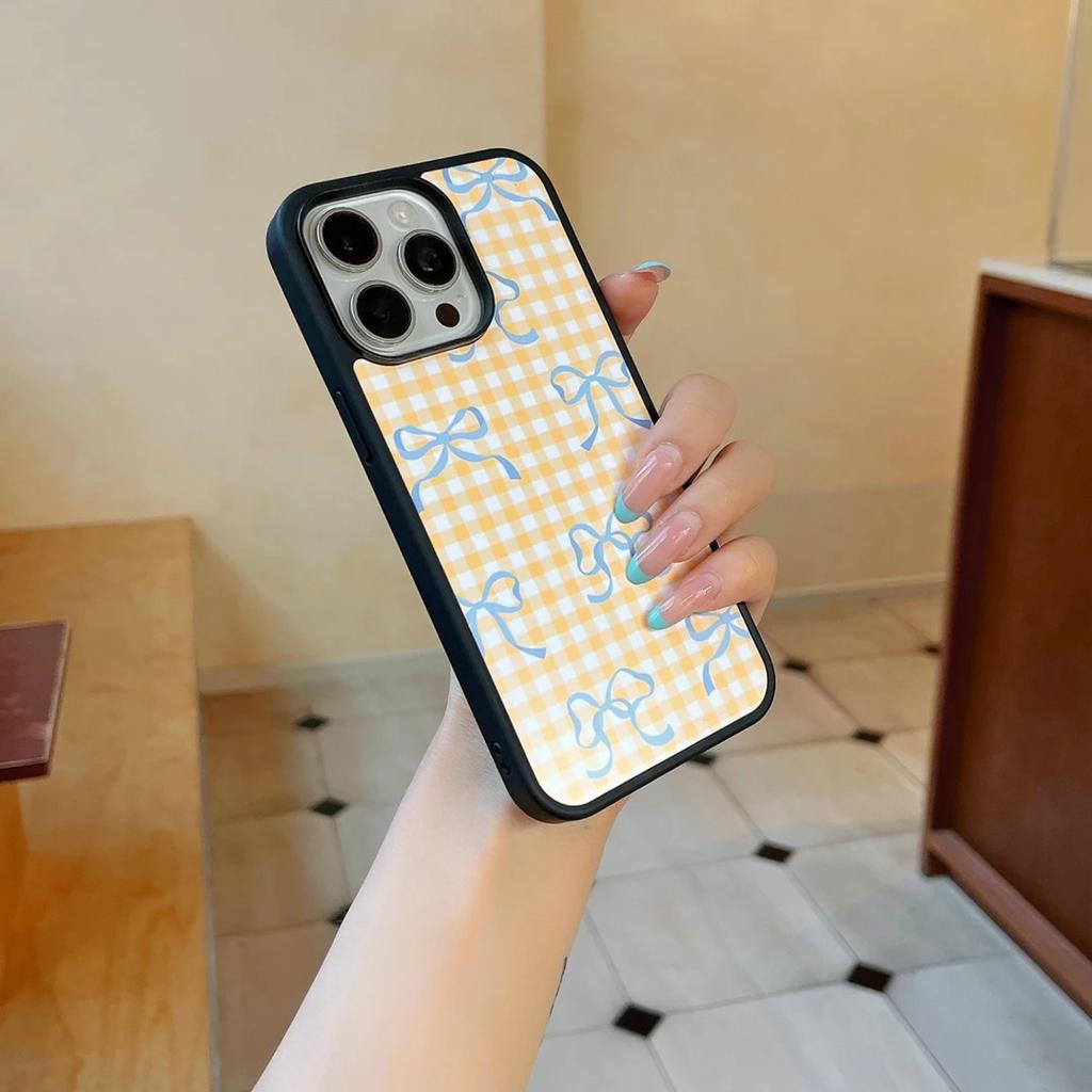 Ins желтая клетчатая заколка для чехла мобильного телефона iPhone17Pro 15 матовый PC16 девушка 13 большие отверстия 14 жесткий