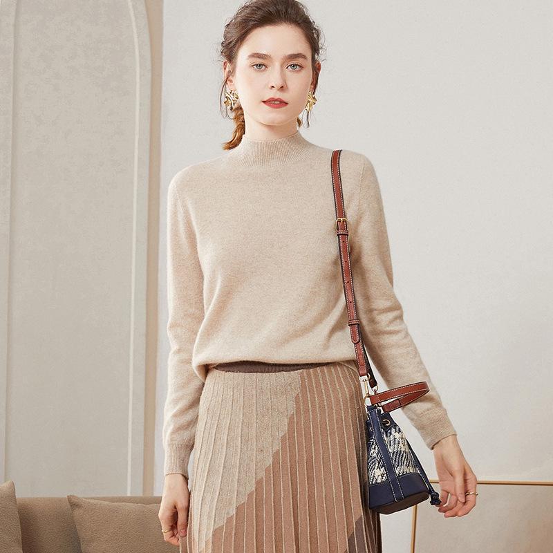 Women's Cashmere Half-High Collar Knit Sweater - Loose, Slimming Base Layer Top