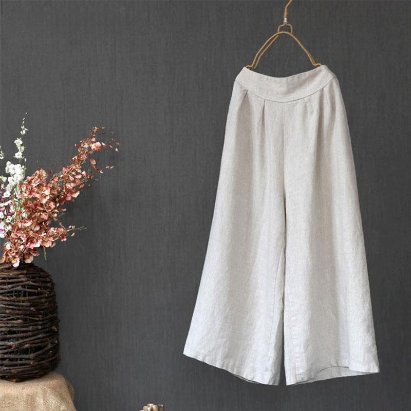 Women's Wide Leg Pants Solid Color Loose Literary Cotton Linen Retro Casual Pants Nine Points Pants Spring Summer Autumn