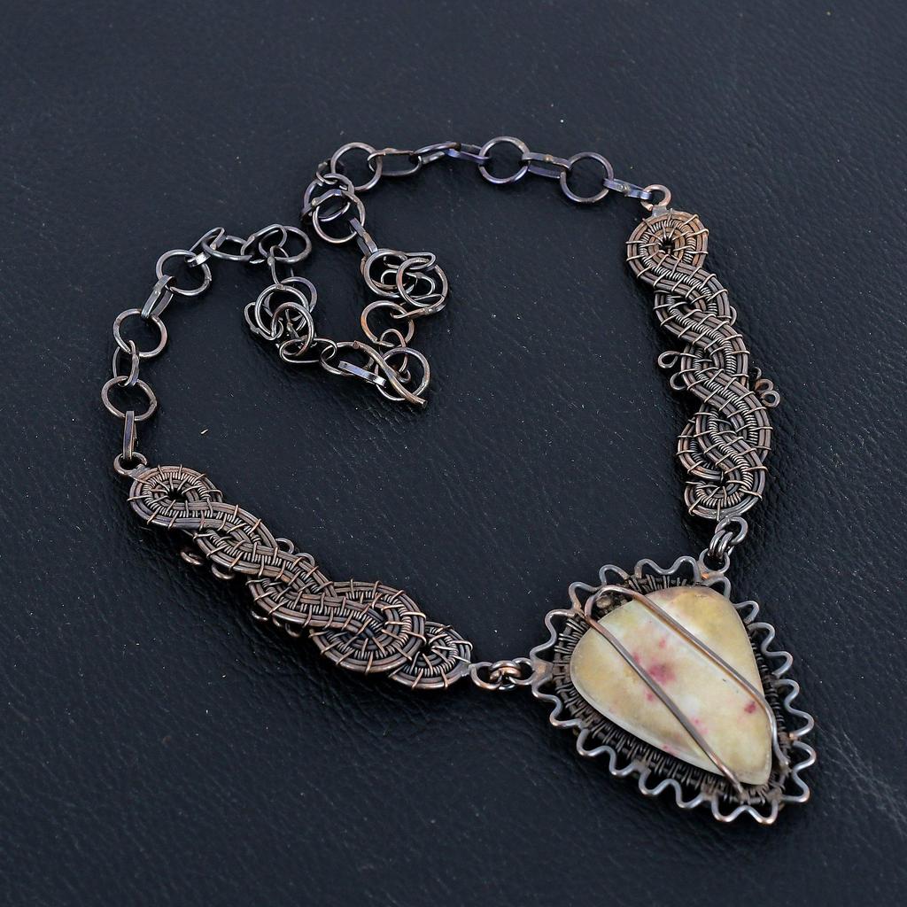 Pink Thulite Gemstone Handmade Necklace, 999 Copper Wire Wrapped Adjustable Chain Necklace Dainty Jewelry For Thanksgiving