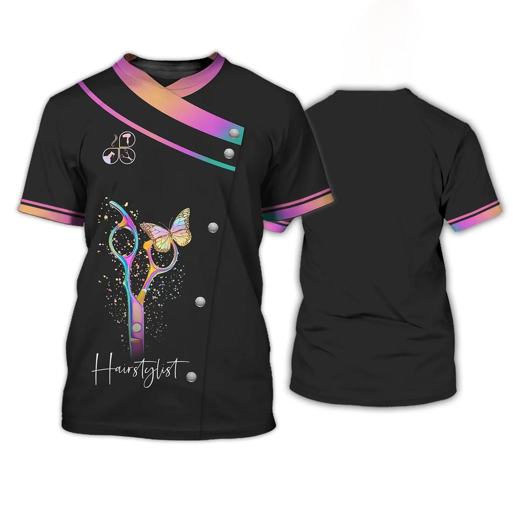 Женская футболка для парикмахерской, униформа для парикмахера, одежда в стиле Харадзюку, летние топы с круглым вырезом и короткими рукавами, женские дизайнерские футболки