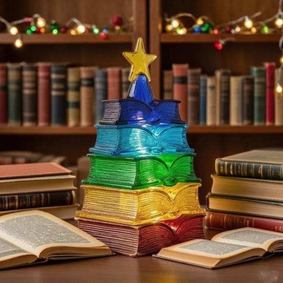 Красочная книжная лампа Стопка томов Рождественская елка Ночник Теплые светодиодные огни Прикроватная лампа для праздничного декора Любителям книг Рождественский подарок