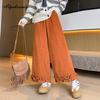 Plus Size Fashion Autumn Winter Women Wide Leg Pants Elastic Waist Navy Blue Brown Orange Yellow Ruffles Trousers Casual Loose Basic Corduroy Pants