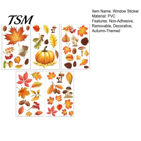 Easy Apply Fall Decorations 5Pcs Autumn Maple Pumpkin Static Window Clings, Harvest Stickers, Decorative PVC Glass Stickers Glue-Free Removable Decor