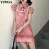 VONDA Summer Women Lapel Neck Sleeveless Plaid Print Casual Loose Dress Sundress