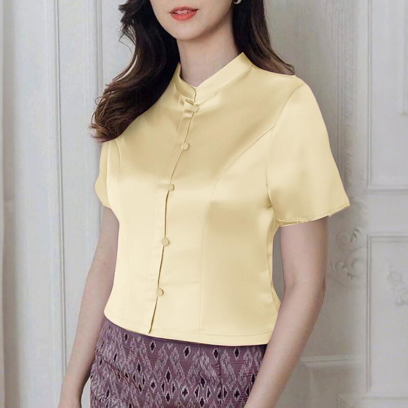 ZANZEA Women Summer Stand Collar Casual Short Sleeve Satin Blouse