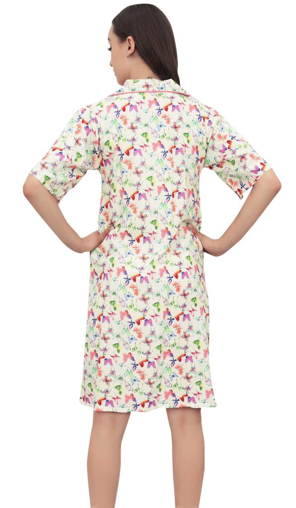 Bimba Print Women Short Sleeve Sleepshirt Button-Front Nightshirt - 14