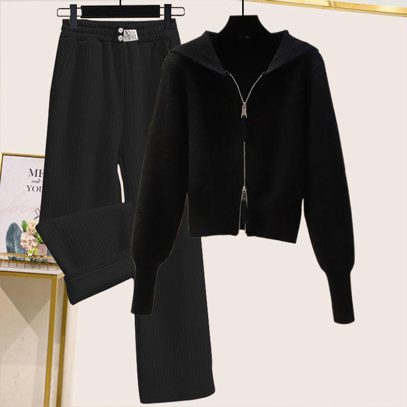 Сладкий осенне-зимний женский вязаный костюм с капюшоном на двойной молнии