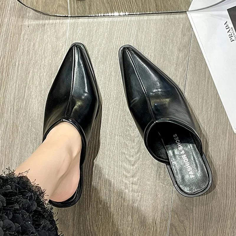 Women's Mid-heel Mules Pointy Chunky Slippers Stylish Sexy Slug-heels 2024 New Fall Elegant Style Slip-on Shoes Zapatos Mujer