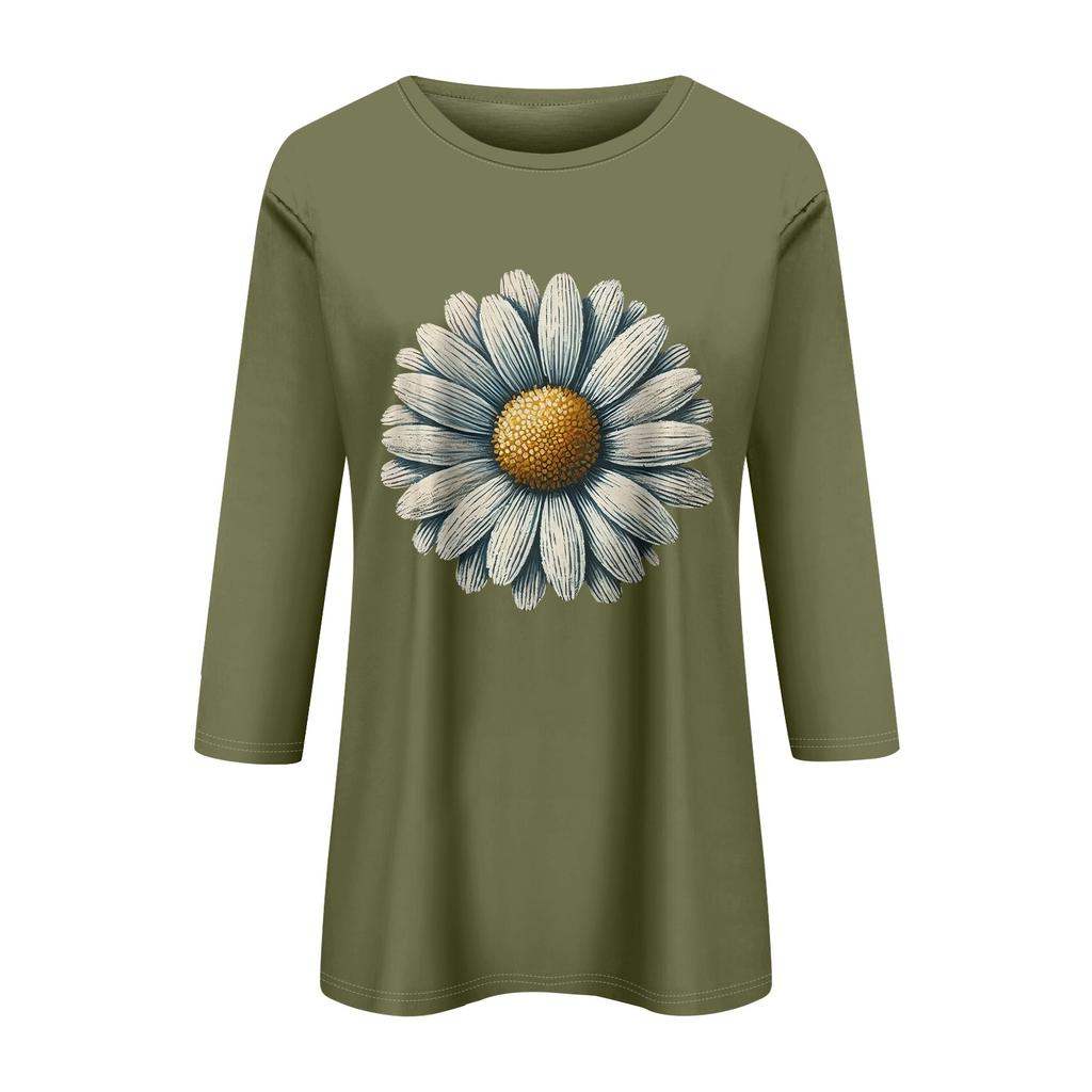 Women's Fashion Casual Printed Seven Sleeve Round Neck Top