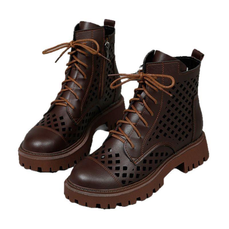 Leather Hollow Martin Boots Women's Sandals 2025 Summer New Women's Shoes Popular Short Boots Breathable Mesh Hole Shoes