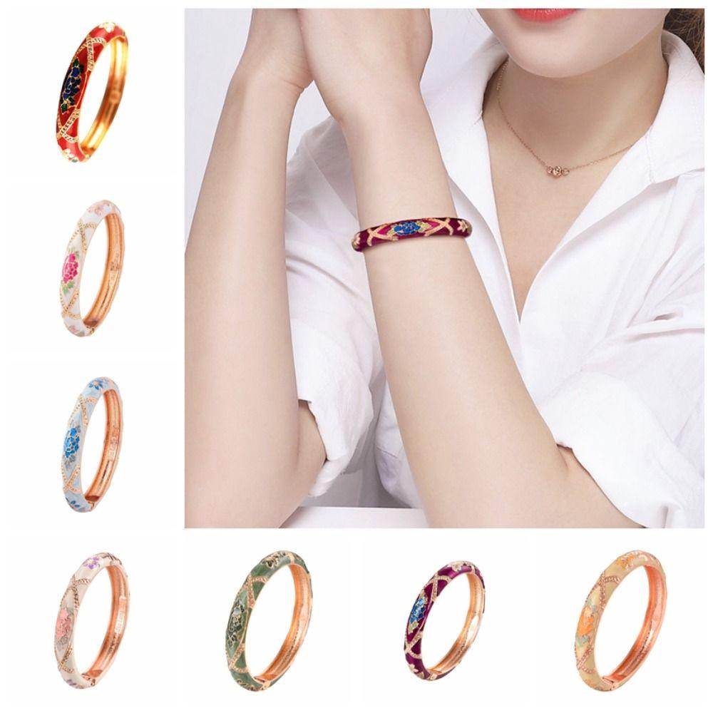 Traditional Hollow Out Flower Bangle Chinese Women's Hand Bracelet Vintage Cloisonne Bangle Girls