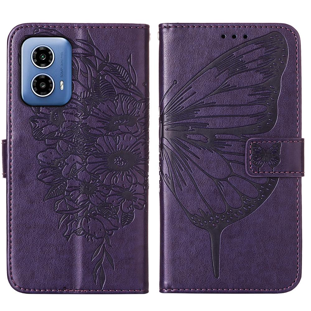 For Motorola Moto G45 5G/G34 5G Wallet Case with Wrist Strap Butterfly Imprint Leather Phone Cover