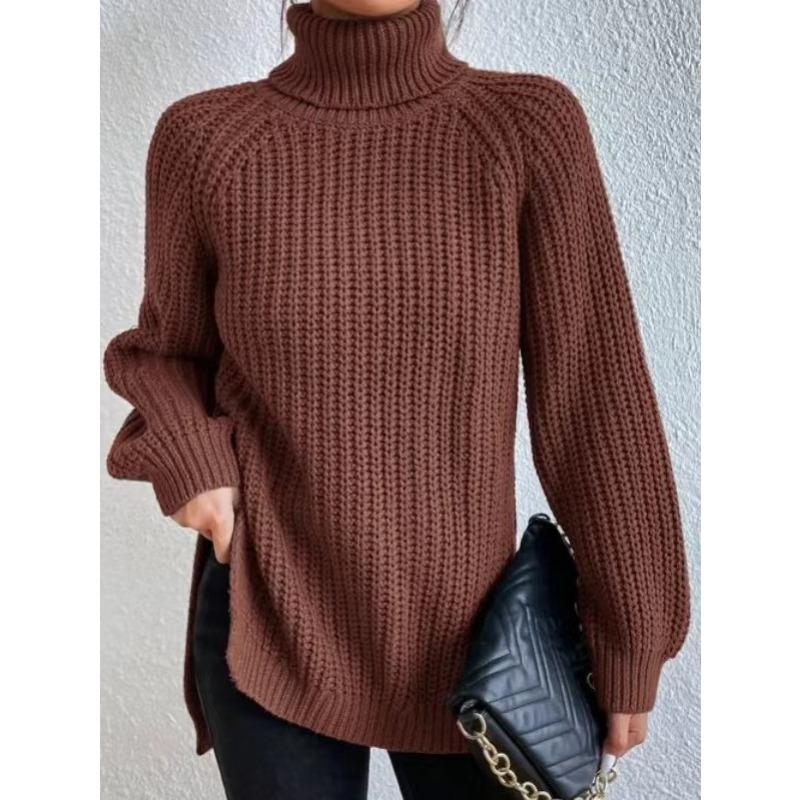 Autumn and Winter Women's Plus Size Knit Sweater Medium Long Shoulder Sleeve High Lapel Split Sweater Dress