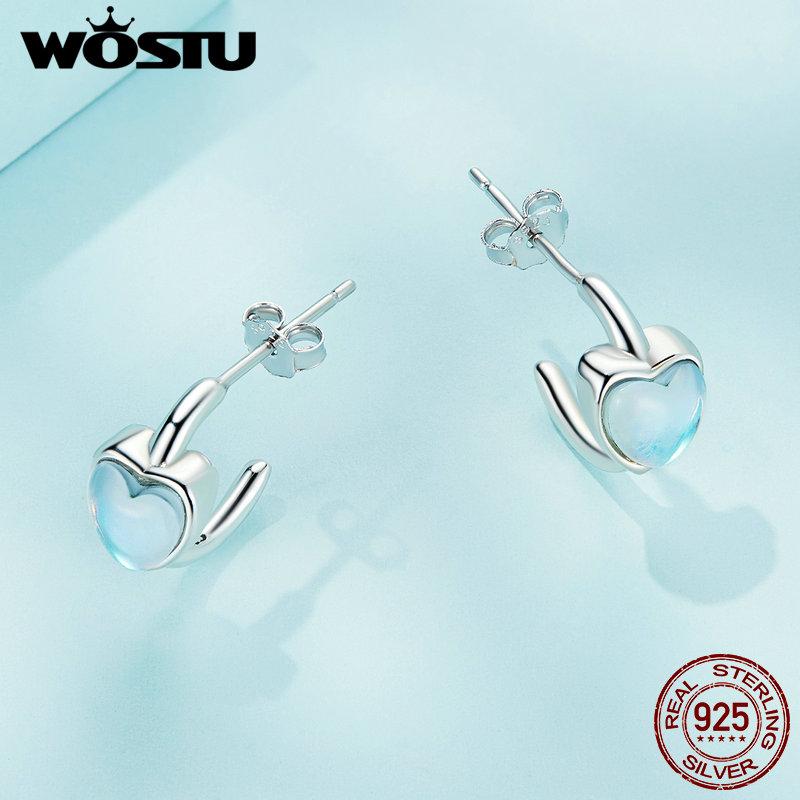 WOSTU Серьги-гвоздики из стерлингового серебра 925 пробы в форме сердца с синтетическим лунным камнем для женщин, серьги-гвоздики оригинального дизайна, ювелирные изделия
