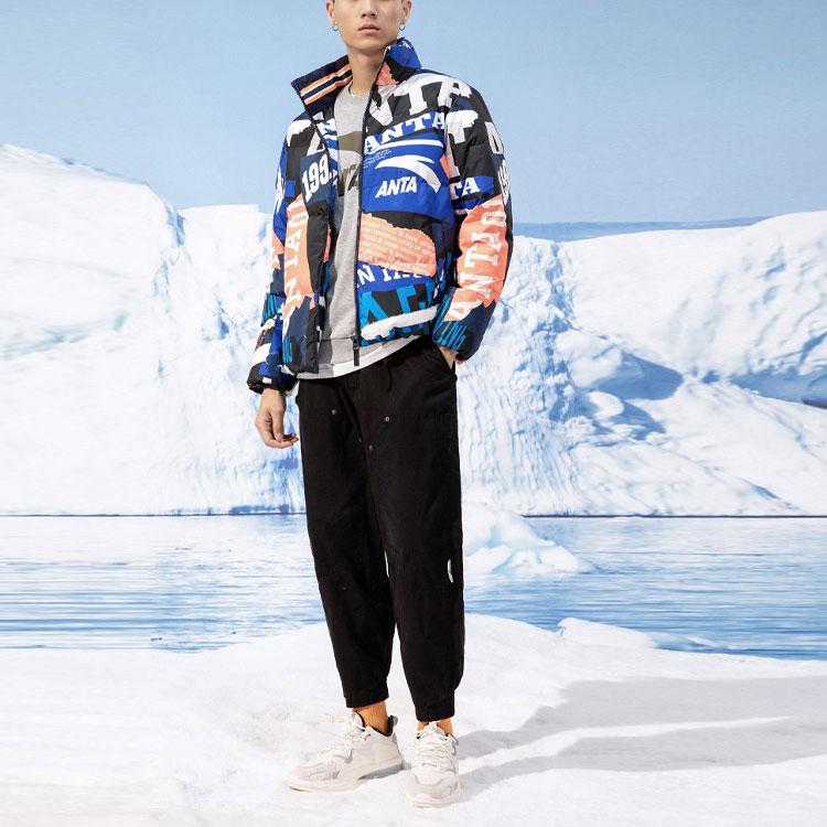 Anta Life Series контрастный буквенный логотип с полным принтом, спортивный теплый пуховик с воротником-стойкой, мужская верхняя одежда, синий 152148904-1