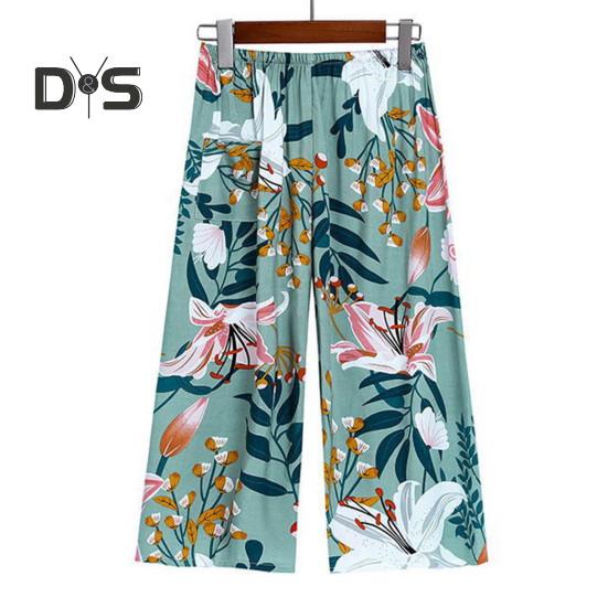 2 Pcs/Set Women Vest Pants Set Flower Print Round Neck Sleeveless Loose Pleated Elastic Waist Wide Leg Casual Homewear Mid Aged Mother Pajamas Set