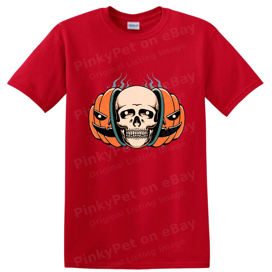 Skull w/ Pumpkin Headphones Halloween Graphic T Shirt Funny Tee Design