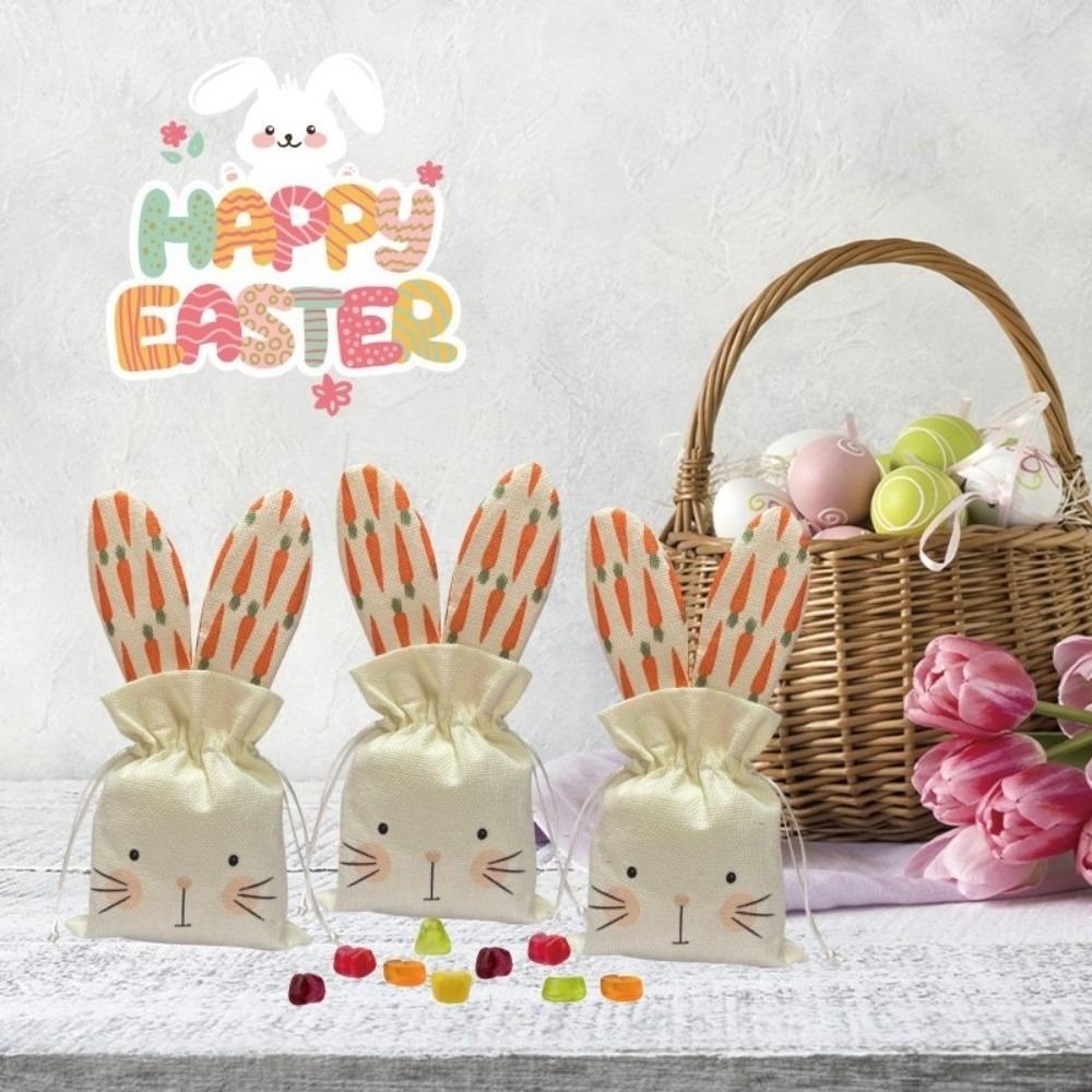 2pcs Linen Material Easter Bunny Treat Bag Drawstring Closure Adorable Rabbits Decor Linen Drawstring Bags Pocket Style
