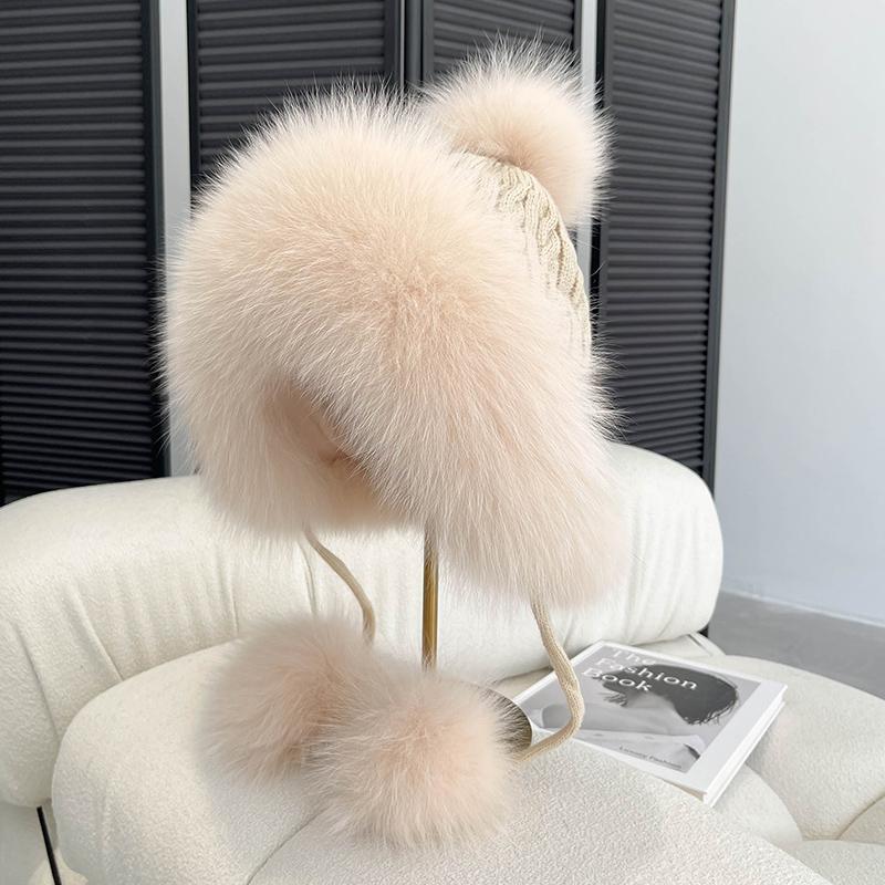 Winter Women Real Fox Fur Hat Fashion Casual Outdoor Warm Knitted Hats Girl Lovely 100% Natural Fox Fur Ear Cap Bomber Caps