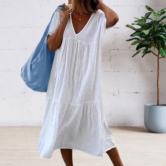 Женское летнее платье Свободное лоскутное плиссированное трапециевидное платье сплошного цвета с V-образным вырезом и короткими рукавами до середины икры Повседневная повседневная одежда Платье миди