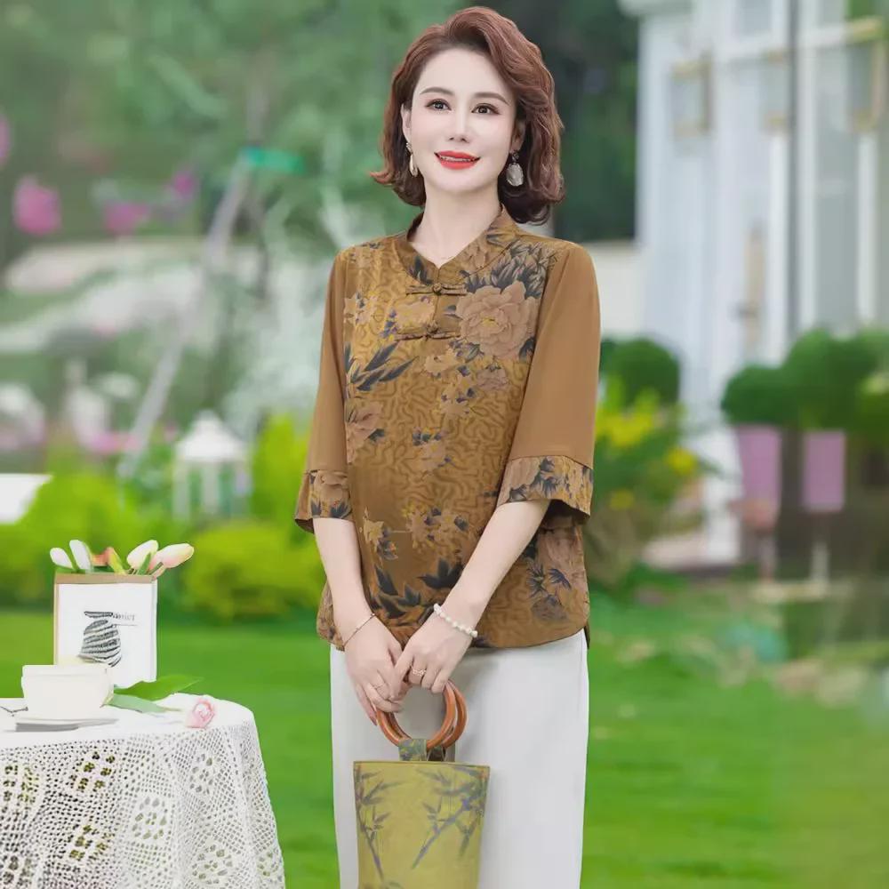 Шифоновая рубашка на пуговицах в китайском стиле для мам 2024 года: Свободный, стильный летний топ для женщин среднего и пожилого возраста
