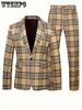 2pcs Men's Plus Size Plaid Suit - One Button Blazer Jacket with Notch Lapels & Suit Pants Set-For Business & Daily Wear Suitable for Formal Occasions