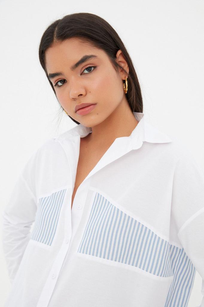 Женская модная новая рубашка в полоску цвета экрю, детальная тканая рубашка большого размера, широкий крой