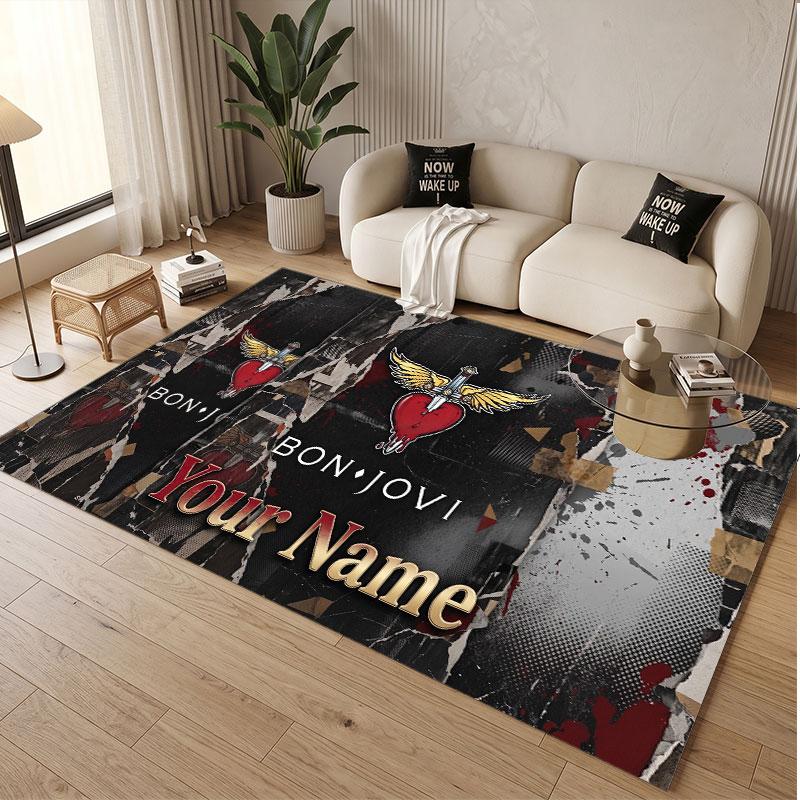 Custom Rug Bon Jovi Pattern Print Name Text Soft Non‑Slip Floor Carpet for Home Indoor Decoration