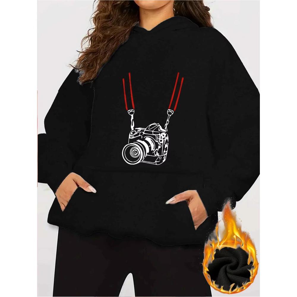 Unisex 2025 Autumn and Winter Women's Hooded Sweatshirt Camera Print Pullover Hoodie Casual Wear Pattern Printed Letters Y2K Top Retro