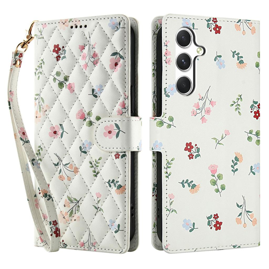 For Samsung Galaxy A55 5G Wallet Case Rhombic Floral Design Leather Flip Phone Cover with Strap