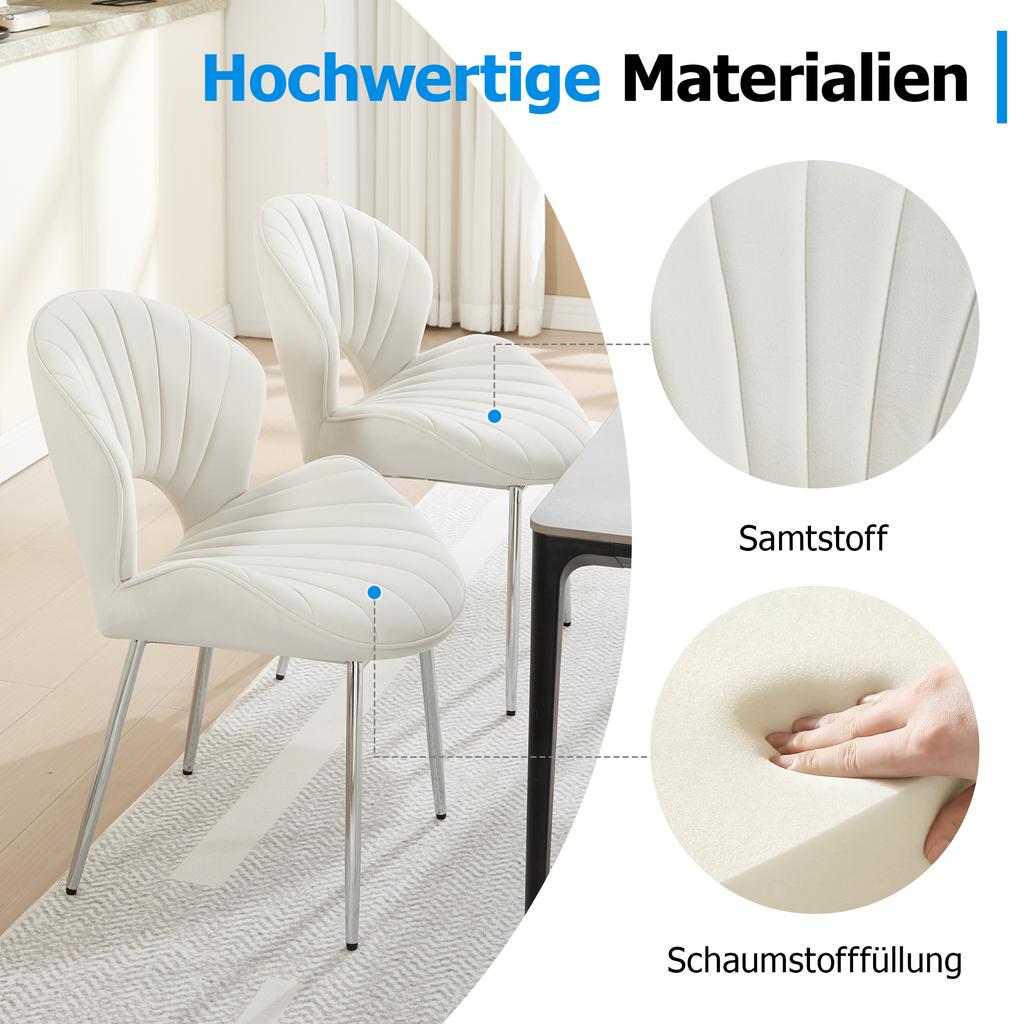 Velvet Dining Chair with Hollowed-Out Backrest, Armless Cushion Chair, Silver Legs, Chair for Living Room, Bedroom and Office (Set of Two) -IVORY