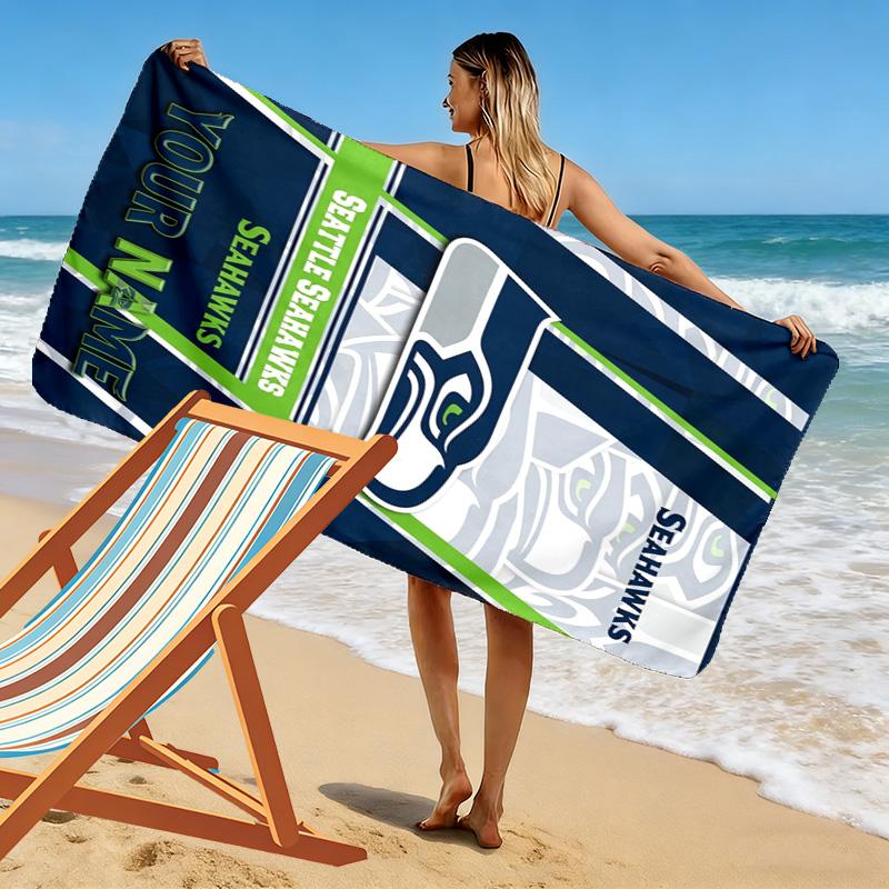 Name Custom Seattle Seahawks Logo Print Beach Towel, Large Soft Quick Dry Towel for Beach Camping Swimming