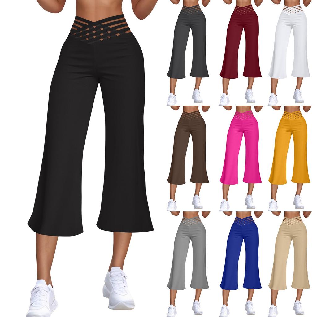 Women's Hollow Belt Trousers Temperament Flared High Waist 3/4 Pant Casual Fit Wide Capris Leg Pants