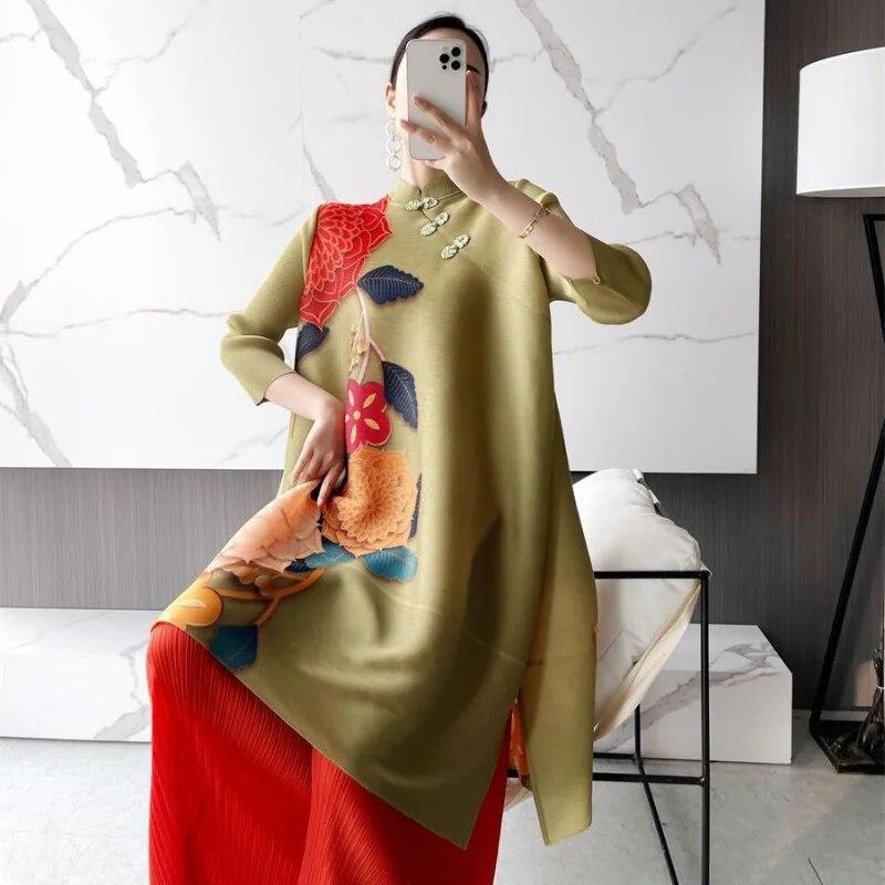 Partial Front Spring Mid Length Pleated Dress  New Vintage 3/4 Sleeve Standup Neck Loose Slim Cheongsam Style Dress Female