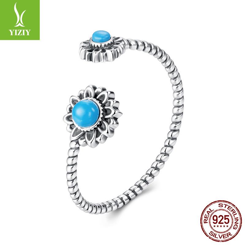 Vintage Sunflower Turquoise Open Ring, Couple'S Classical Engraved S925 Sterling Silver Ring