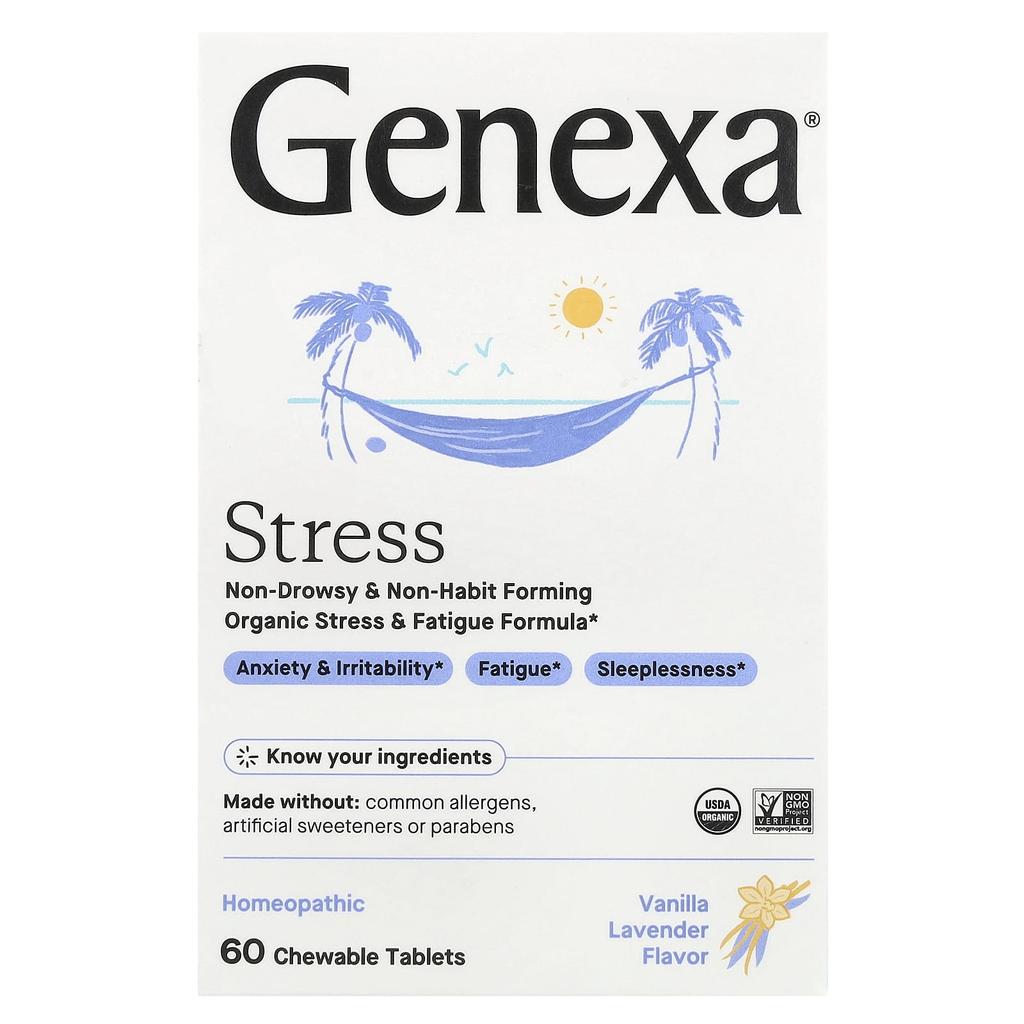Genexa, Stress, Organic Stress and Fatigue Formula, Organic Vanilla/Lavender, 60 Chewables