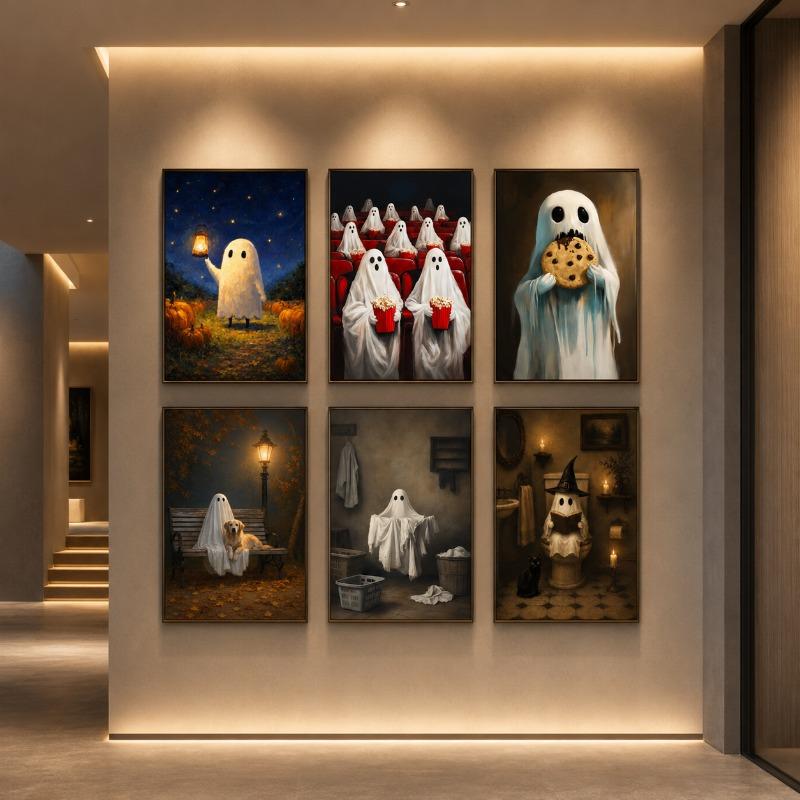 Ghost Canvas Gallery Wall Prints Starry Night Pumpkin Witch Dog Wall Art Dark Moody Halloween Farmhouse Holiday Home Decor Gift