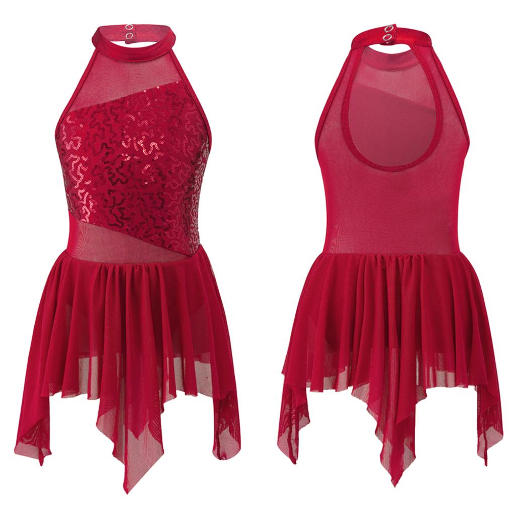 Девушки без рукавов с блестками и вырезом сзади для балета и танцев, гимнастический купальник, асимметричное платье, одежда для латинского джаза