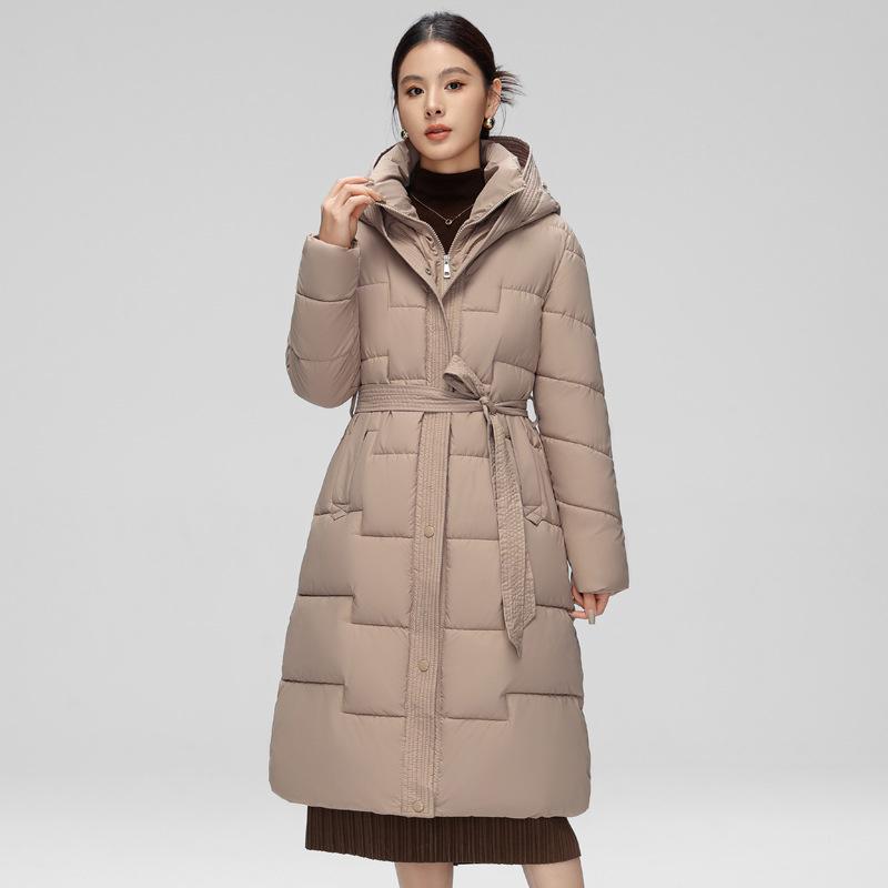 Зимняя женская длинная хлопковая куртка на утином пуху с поясом, толстая теплая роскошная тонкая парка с капюшоном