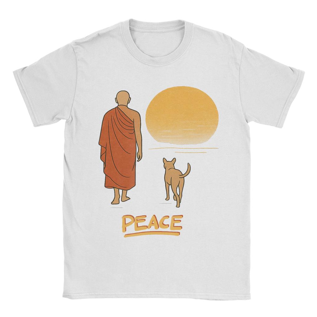 Mens Peace Walking Monk Dog Sunset Zen Art T Shirts Cotton Clothing Hipster Short Sleeve Round Neck Tee Shirt 4XL 5XL TShirts
