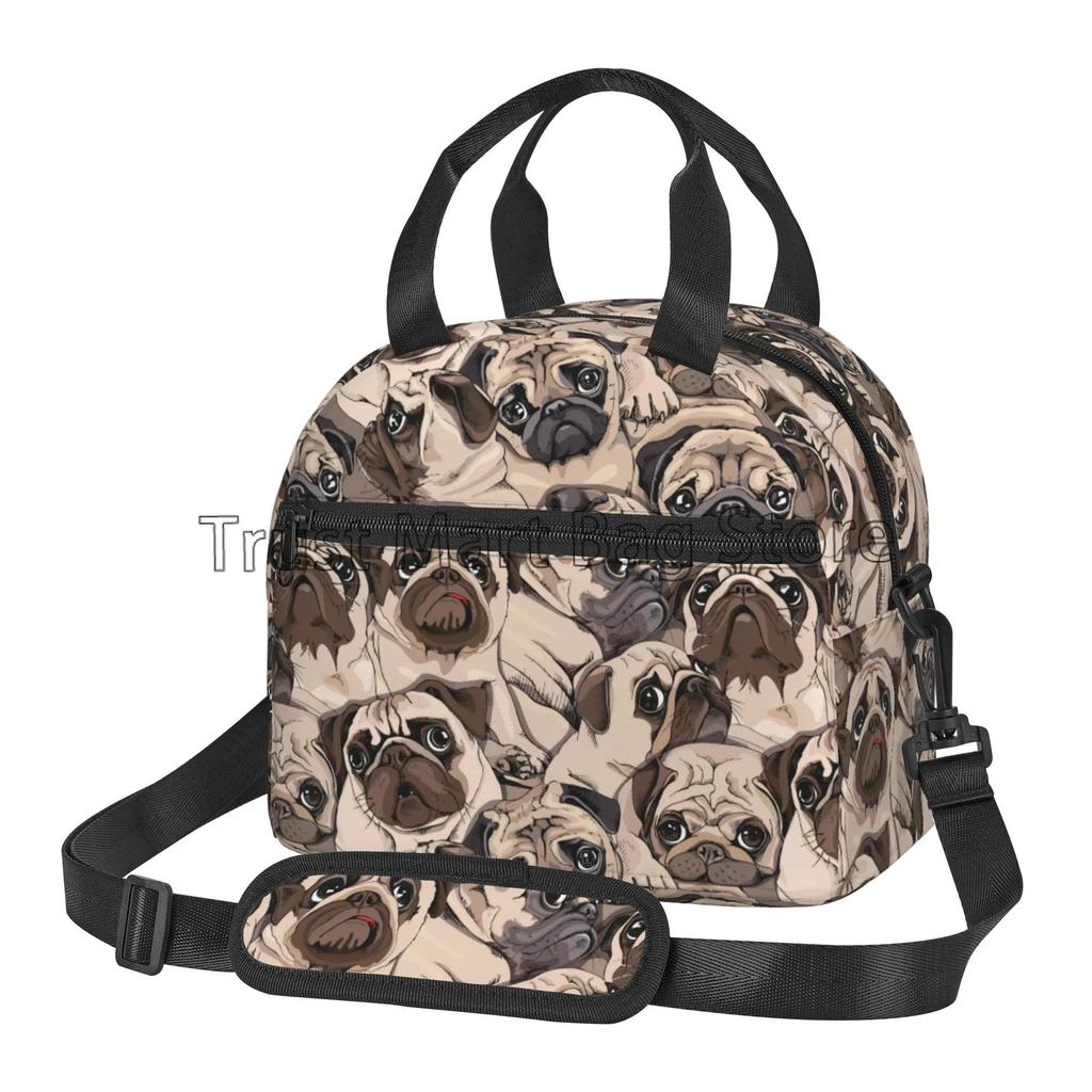 Cute Pug Dog Insulated Lunch Bag for Women Kids Thermal Lunch Box Portable Cooler Tote Bags for School Work Picnic Beach Travel
