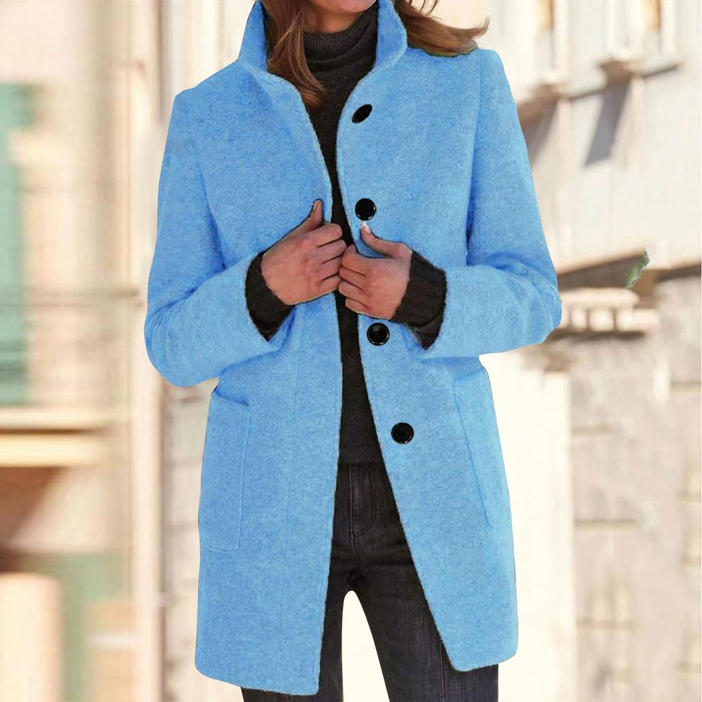 Women's Casual Coat Solid Color Long Sleeved Button Up Collar Pocket Woolen Jacket