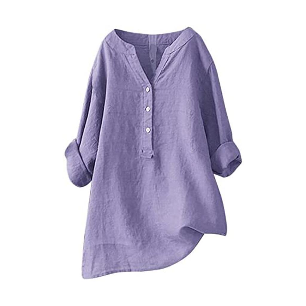 Women Solid Stand Collar Long Sleeve Shirt Casual Loose Blouse Button Down Tops